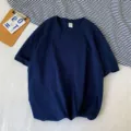 Camiseta de manga corta azul oscuro lisa casual para mujer, top de verano holgado. - Azul marino
