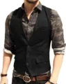 Men slim fit herringbone vest single breasted casual waistcoat detail view showing fabric - M / Black