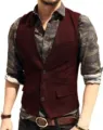 Mens slim fit herringbone waistcoat single breasted vest stylish vintage suit vest top - M / Burgundy