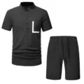 Set estivo da uomo casual in cotone e lino con camicia henley manica corta pantaloncini - Taglia S / Set / Nero