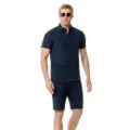 Set polo e pantaloncini in lino casual da uomo vestito da spiaggia estivo blu scuro - Taglia S / Top e Pantaloni / Blu navy