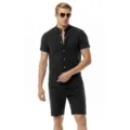 Men casual cotton linen short sleeve shirt and shorts set beach henley outfit main view - S / Top And Bottom / Black