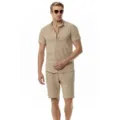 Men's Casual Linen Outfit Short Sleeve Mandarin Collar Shirt And Shorts Beachwear Set - Khaki
