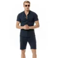 Men's casual linen short sleeve shirt and shorts set summer beach outfit navy blue - L / Top And Bottom / Navy Blue