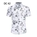 Men's tropical palm print short sleeve shirt detail, casual button-down collar design. - DC42 White