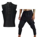 Men's retro cotton linen sleeveless top and harem pants set casual medieval outfit - S / Top And Bottom / Black Set