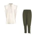 Men's casual linen two-piece set sleeveless lace-up top and cropped pants summer outfit. - S / Top And Bottom / Beige + Army Green