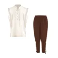 Men's medieval vintage sleeveless lace-up shirt and brown drawstring trousers set. - S / Top And Bottom / Beige & Coffee