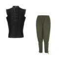 Men's retro sleeveless lace-up top and trousers set, casual cotton linen medieval costume. - Black+Army Green