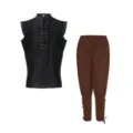 Men casual medieval cotton linen sleeveless top and vintage trousers set details. - Black And Brown