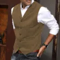 Men's vintage herringbone suit vest slim fit business casual waistcoat with lapel. - 3XL / Tops / Light Coffee