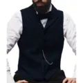 Classic men's navy blue herringbone tweed waistcoat single-breasted suit vest formal wear - M / Tops / Navy Blue