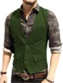 Men's slim fit herringbone suit vest V-neck formal waistcoat for wedding party performance. - Green