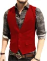 Detail view of men's red herringbone vest V-neck suit waistcoat for formal events. - XS / Red