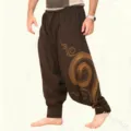 Men's casual brown harem pants featuring unique golden printed swirl patterns and comfy fit. - S / Bottoms / Brown