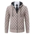 Gilet zippé en tricot doublé polaire pour homme avec motif losange classique décontracté - M / Hauts / Beige