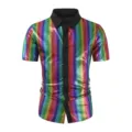 Chemise homme manches courtes brillante rayures verticales arc-en-ciel col revers haut - S / Hauts / Arc-en-ciel