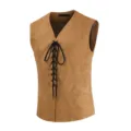 Detailed close-up view of the mens retro brown faux suede lace-up sleeveless vest detail. - S / Tops / Light Brown