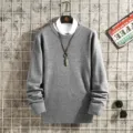 Men's gray crewneck sweater with fake two-piece white shirt collar and stylish feather necklace. - M / Tops / Gray