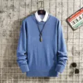 Men casual solid color crew neck knit sweater long sleeve pullover basic streetwear top - M / Tops / Blue
