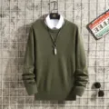 Men Green Crewneck Knit Sweater Casual Solid Color Basic Pullover Autumn Fashion Top - Army Green