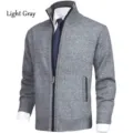 Men's thermal fleece-lined stand collar knit cardigan sweater in light gray, casual winter style. - M / Tops / Light Gray