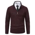 Men's casual quarter-zip mock neck knit sweater in dark red, paired with white shirt. - M / Burgundy