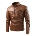 Herren braune PU Lederjacke, Stehkragen Vintage Motorrad Biker Übergangsjacke Mantel. - 609 Erdgelb