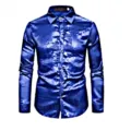 Men's Shiny Long Sleeve Dress Shirt Blue Turn-Down Collar Casual Party Stage Costume Top - M / Blue
