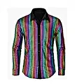Men colorful sequin long sleeve shirt lapel button up disco party cosplay top variant - Dark Striped Colorful Sleeve