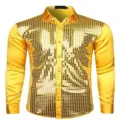 Men's gold shiny sequin long sleeve dress shirt, party stage wear slim fit button down top - Gold