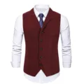 Burgundy herringbone suit vest detail, classic lapel slim fit business casual waistcoat. - M / Burgundy