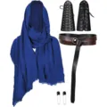 Medieval knight LARP costume detail view featuring blue hooded scarf, bracers, and belt. - Blue