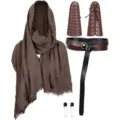 Medieval hooded cloak and leather bracers belt set for Halloween cosplay costume party. - Dark Brown