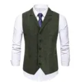 Men's green herringbone suit vest slim fit casual business waistcoat with tie and shirt details. - M / Army Green