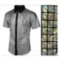 Chemise homme manches courtes métalliques brillante col boutons sequins cosplay top - S / Hauts / Argent Géométrique