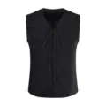 Men casual sleeveless lace-up vest waistcoat vintage suede style outerwear black top. - S / Tops / Black