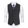 Close-up detail of dark grey herringbone suit vest lapel and buttons texture craft view. - M / Dark Gray