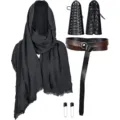 Medieval knight hooded cloak shawl leather bracers belt costume set for Halloween cosplay - Black