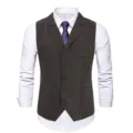 Men's herringbone suit vest slim fit business casual waistcoat with lapel collar. - M / Coffee