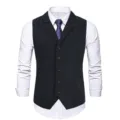 Close-up detail of men's slim fit business suit vest with classic herringbone pattern. - M / Navy Blue