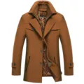 Men winter wool blend coat thickened lapel double collar jacket warm outerwear for business casual - M / Khaki