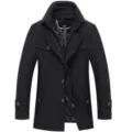 Men's winter black wool blend pea coat with double collar and quilted warm lining. - M / Black