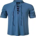 Men's casual linen henley shirt with lace-up front and stand collar for beach wear detail view. - Sapphire Blue