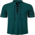 Men's casual cotton linen Henley shirt long sleeve stand collar beach vintage green top - Dark Green