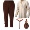 Men's Renaissance Viking pirate costume set including lace-up shirt, pants, belt and pouch. - S / Khaki Top + Coffee Pants + Belt + Wallet