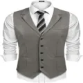 Gilet da Uomo in Pelle PU Vintage Risvolto Petto Singolo Casual Business Elegante - Taglia S / Grigio