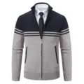 Men's Stand Collar Knit Cardigan Thickened Color Block Zip Up Casual Sweater Jacket - M / Tops / Navy Blue