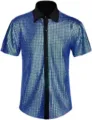 Men's blue sequin short sleeve shirt vintage 70s disco party button down shiny clubwear top - S / Blue