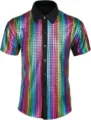 Elegante camisa de hombre con lentejuelas de arco iris manga corta para fiesta disco 70s - Multicolor
